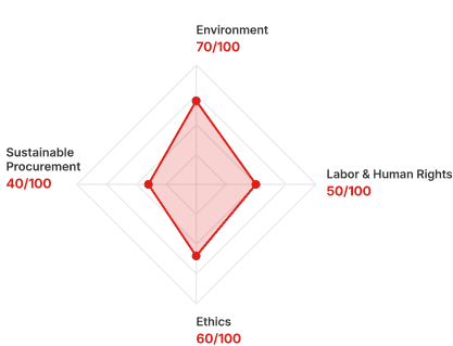 EcoVadis radar chart showing scores: Environment 70 out of 100, Labor and Human Rights 50 out of 100, Ethics 60 out of 100, Sustainable Procurement 40 out of 100. Overall score 63 out of 100.
